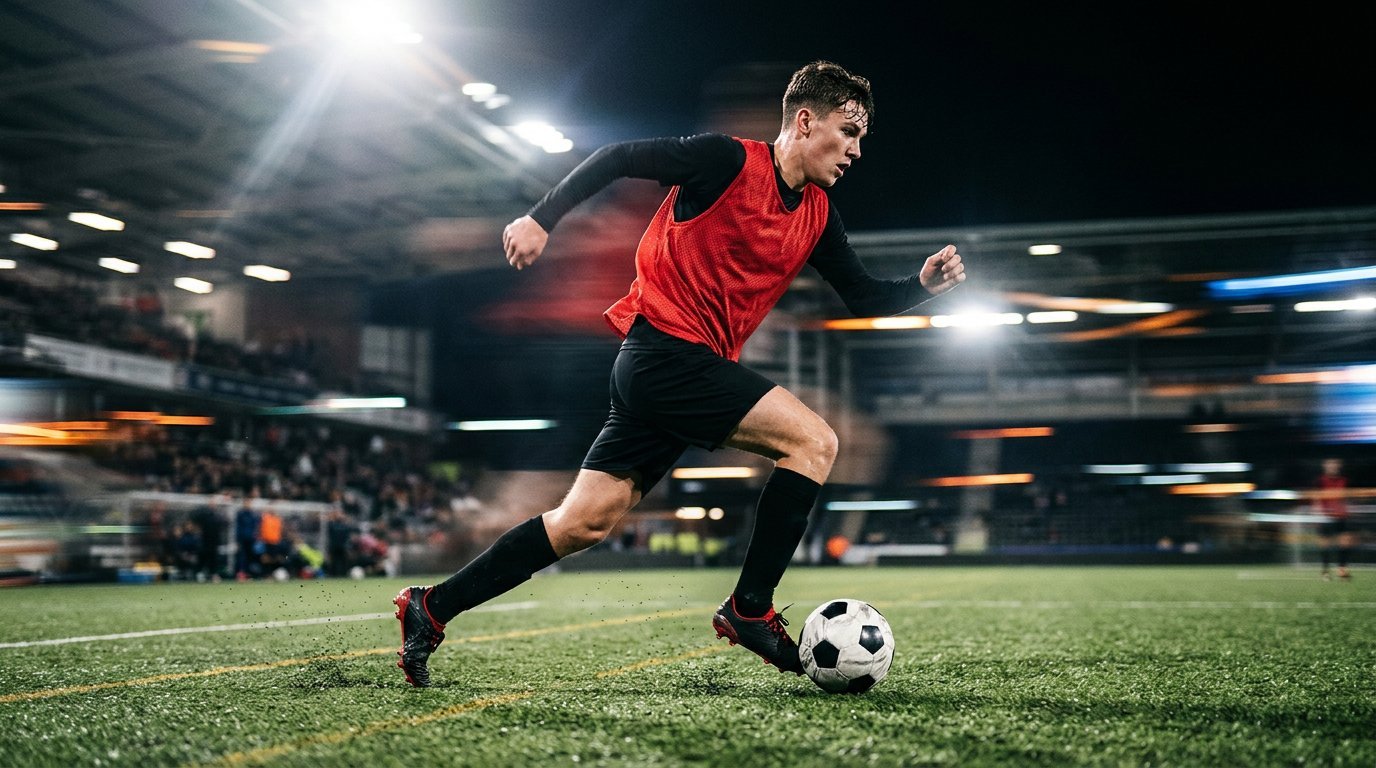 Player sprinting with the ball under arena lights