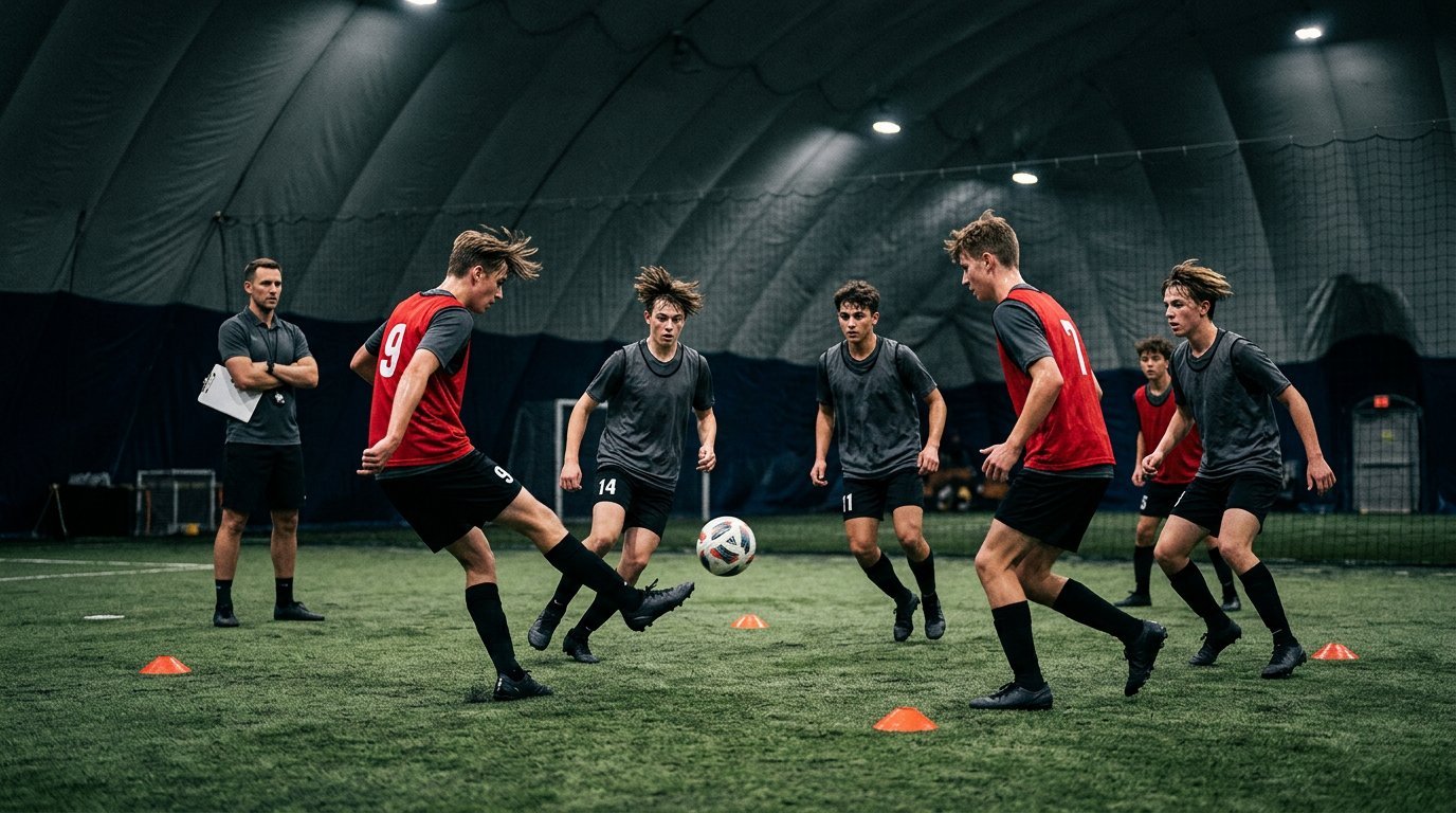 Small-group soccer training session inside the Orleans Superdome turf facility