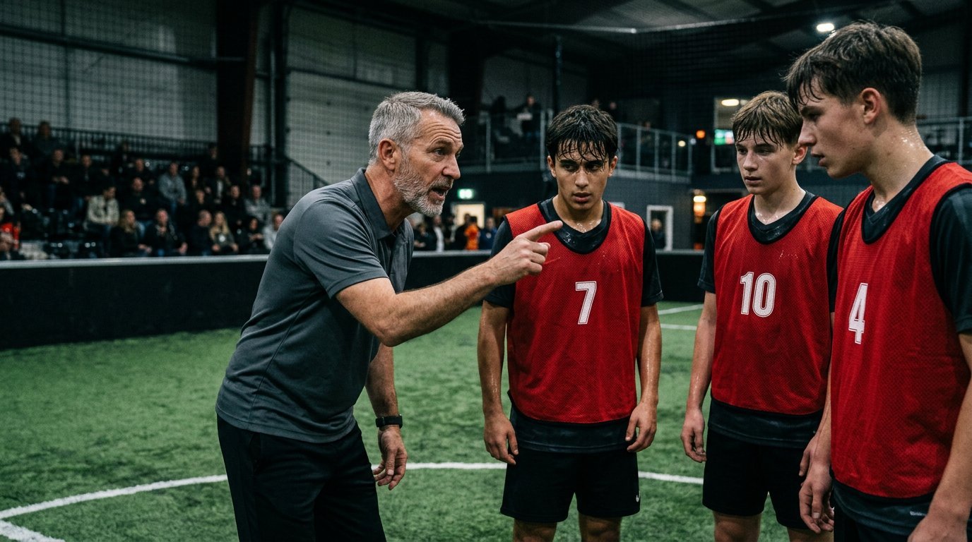 Coach instructing a huddle of players during training
