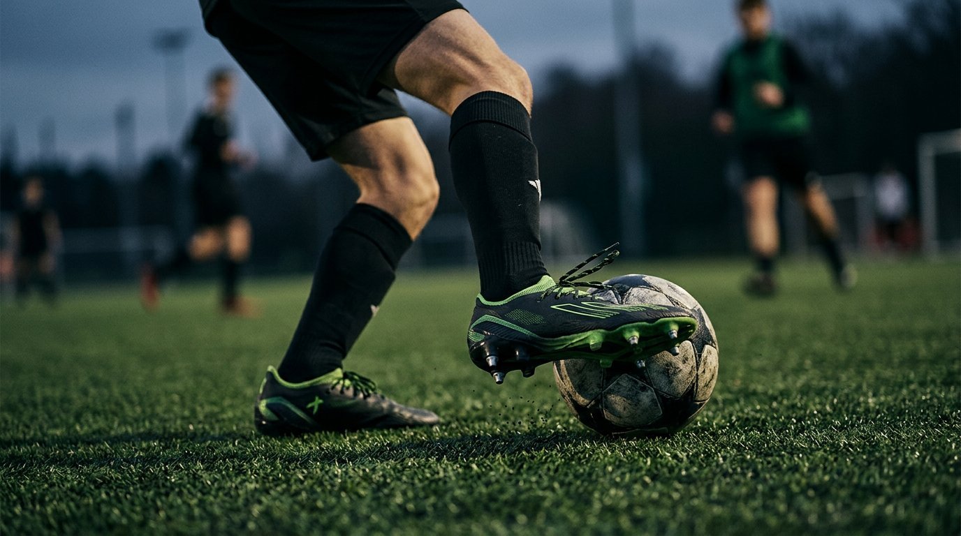 Close-up of a player controlling a soccer ball on turf